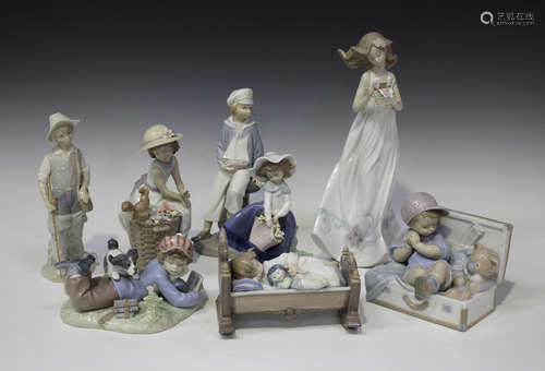 Eight Lladro porcelain figures, including Study Buddies, No. 5451, Pretty Pickings, No. 5222, My