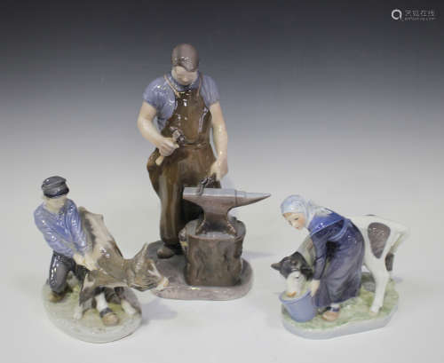 A Bing & Grondahl model of a Blacksmith, No. 2225, height 30cm, together with two Royal Copenhagen