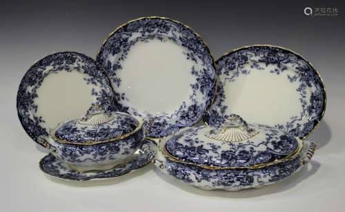 A Keeling & Co blue printed earthenware Chatsworth pattern part dinner service, including five