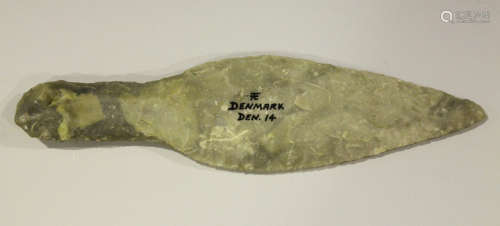 A Danish Neolithic chipped flint dagger, bearing 'F.S. Clark Collection' label, detailed '