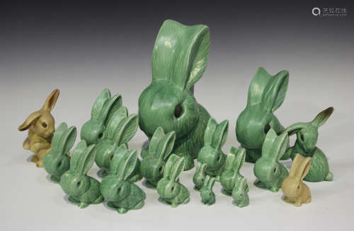 A group of mostly Sylvac pottery green glazed rabbits, including a large example, No. 1028, height