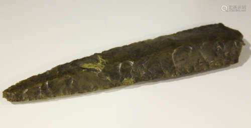 A Danish Neolithic chipped flint dagger, bearing label detailed '1870 Gutman Denmark Charles Keen