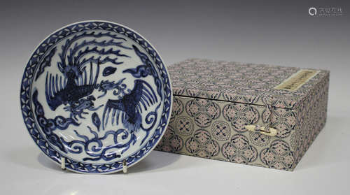 A Chinese blue and white porcelain saucer dish, mark of Wanli but probably 20th century, the