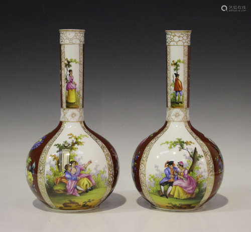 A pair of Dresden bottle vases, early 20th century, each painted with courting couples and floral