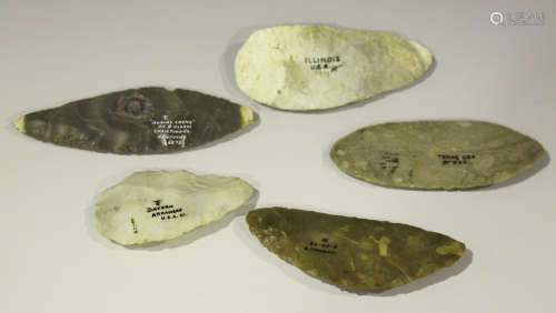 A group of five American chipped flint tools, all bearing either F.S. Clark or Hugh Fawcett