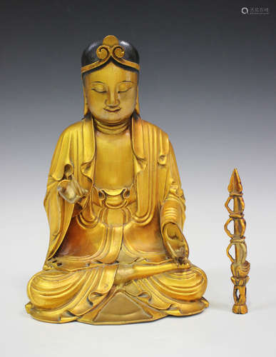 A Chinese giltwood figure of Buddha, 20th century, carved seated in dhyanasana wearing a long