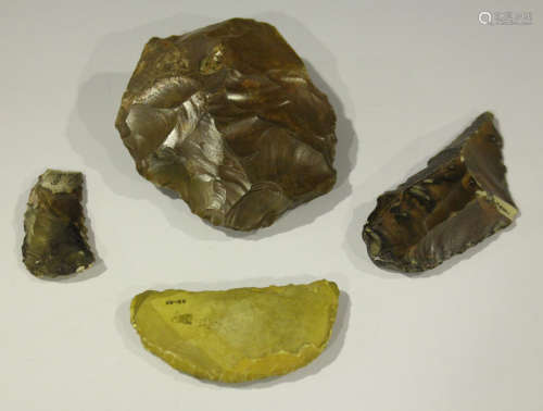 A group of four Egyptian Stone Age chipped flint tools, the largest inscribed 'Egypt Thebes', length