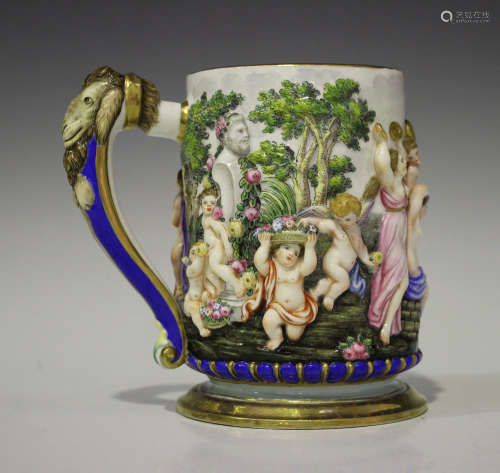 A Capodimonte porcelain tankard, late 19th/20th century, the cylindrical body decorated in high
