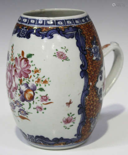 A Chinese famille rose export porcelain tankard, late Qianlong period, the barrel shaped body