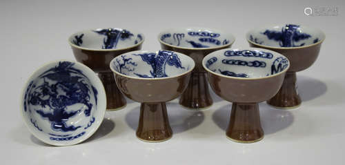 A set of six Chinese blue and white Batavian export style porcelain stem cups, 20th century, each