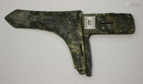 A Chinese archaic bronze dagger axe head, probably Han dynasty, covered in a verdigris patination,