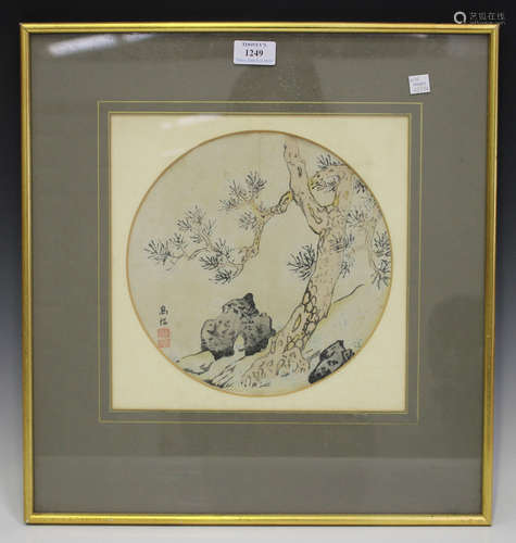 A Chinese tondo watercolour, early 20th century, depicting a pine tree, diameter 24.5cm, framed