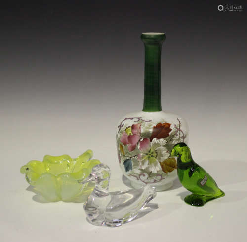 Two Baccarat glass birds, comprising a green tinted parrot, height 9.8cm, and a clear duck, length