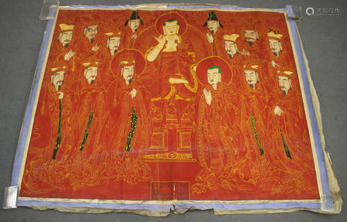 A Chinese watercolour and gouache painting on fabric, early 20th century, painted with Buddha seated