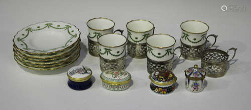 A set of six silver mounted Aynsley bone china cups and saucers, Birmingham 1938 (one cup