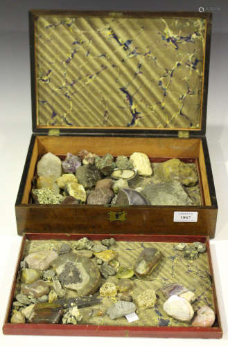 A selection of mineral and fossil specimens, including polished agates, amethyst, quartz, pyrite and
