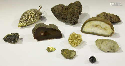 A collection of various mineral specimens, including a banded agate geode section, width 12cm,