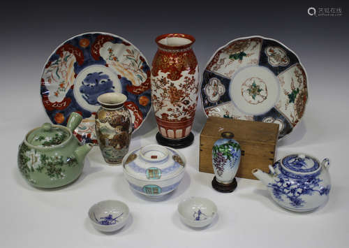 A collection of Japanese pottery, 19th century and later, including a Kutani vase, Meiji period,