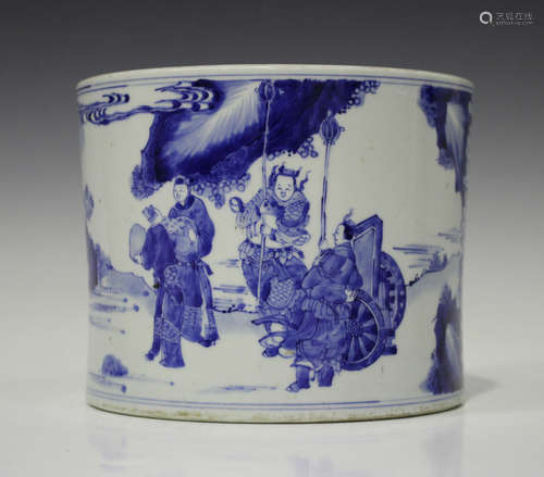 A Chinese blue and white porcelain brushpot, Kangxi style but 20th century, of gently waisted