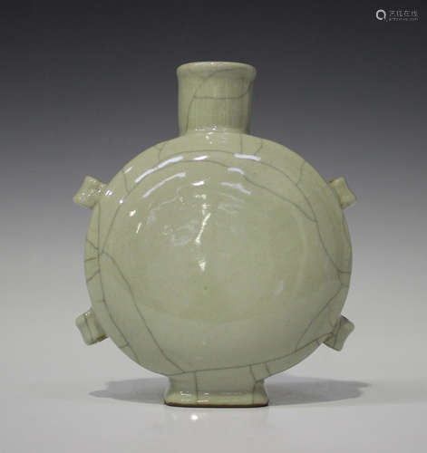 A Chinese Guan type crackle glazed moonflask, Song style but 20th century, the flattened circular