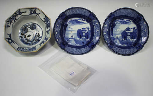 A Japanese blue and white octagonal bowl, 18th century, painted inside and out with birds and