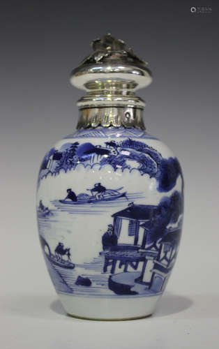 A Chinese blue and white export porcelain tea caddy, Kangxi period, of ovoid form, painted with a