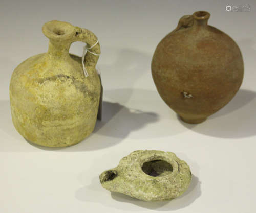 A group of three ancient Roman pottery items, all found in the area of Jerusalem, comprising a