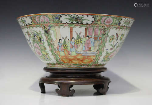 A Chinese Canton famille rose porcelain punchbowl, mid to late 19th century, the interior and