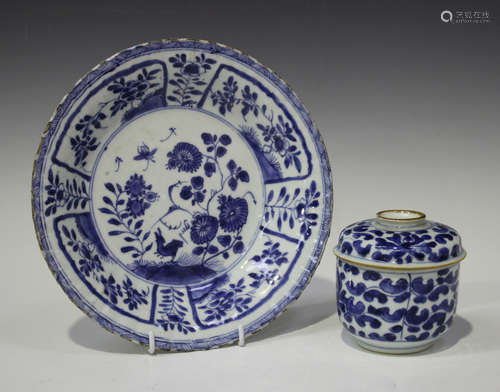 A Chinese blue and white porcelain jar and cover, Kangxi period, painted with lotus and leafy