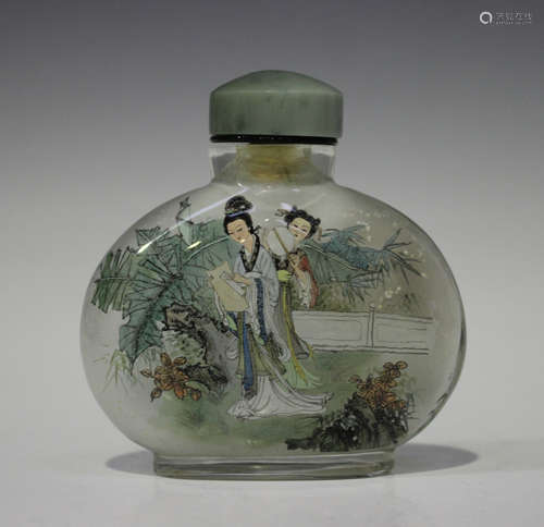 A Chinese inside painted glass snuff bottle and stopper, late 20th century, of flattened form, one