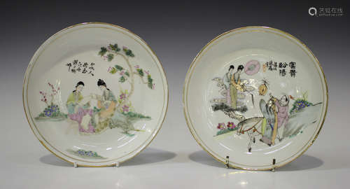 Two Chinese famille rose porcelain saucer dishes, Republic period, each painted with a figural scene