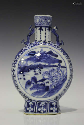 A Chinese blue and white porcelain moonflask, mark of Kangxi but late 19th century, the flattened
