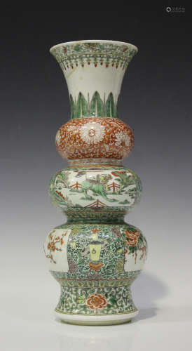 A Chinese famille verte porcelain triple-gourd shaped vase, Kangxi style but late Qing dynasty,