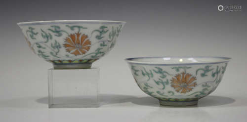 A pair of Chinese doucai porcelain bowls, Minyao (non-Imperial), mark of Jiaqing and possibly of the