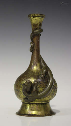 A Chinese parcel gilt and brown patinated bronze bottle vase, Qing dynasty, probably 18th century,