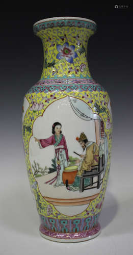 A Chinese famille rose yellow ground porcelain vase, mark of Qianlong but Republic period/mid-20th