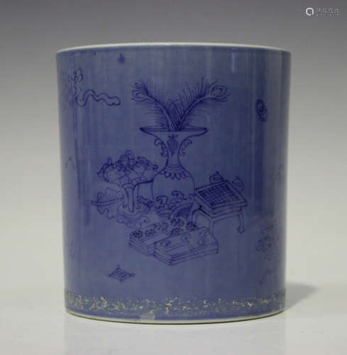 A Chinese blue glazed porcelain brush pot, 18th century style but later, of cylindrical form,