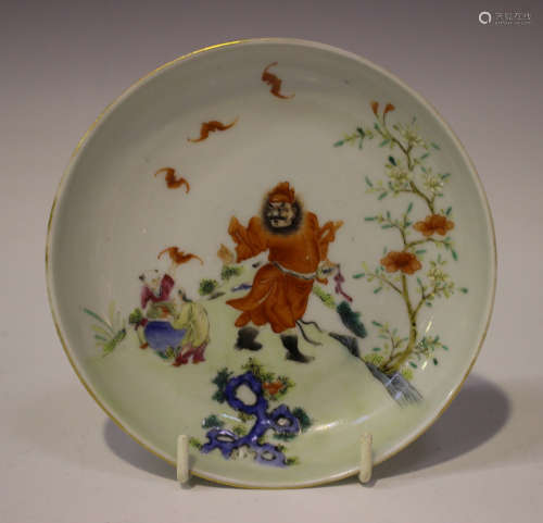 A Chinese famille rose porcelain small circular saucer dish, mark of Qianlong but later Qing
