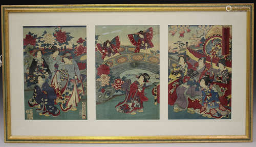 A Japanese polychrome triptych woodblock print, 19th century, depicting a seated samurai and