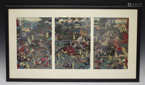 Utagawa Yoshitaki (1841-1899) - a Japanese polychrome triptych woodblock print depicting a battle