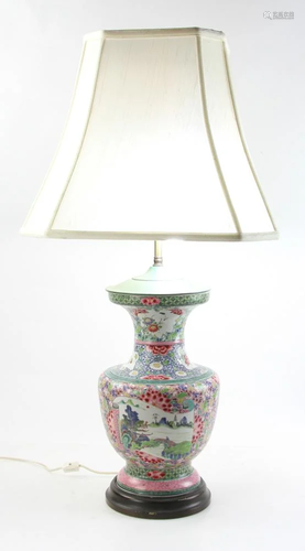 Chinese Decorated Vase Converted to Lamp w/ Shade