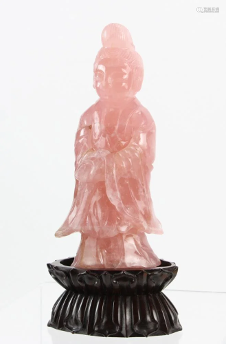 Chinese Carved Rose Quartz Kwan Yin on Stand