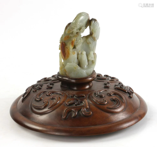 19thC Chinese Carved Wood Cover with Jade Finial