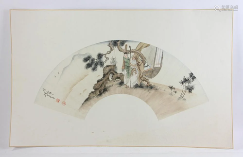 Chinese Fan Shaped Watercolor Painting