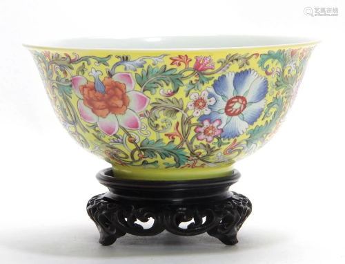 Chinese Yellow-ground Famille Rose Floral Bowl