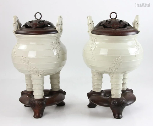 Pair of 19thC Chinese Blanc-de-Chine Censers