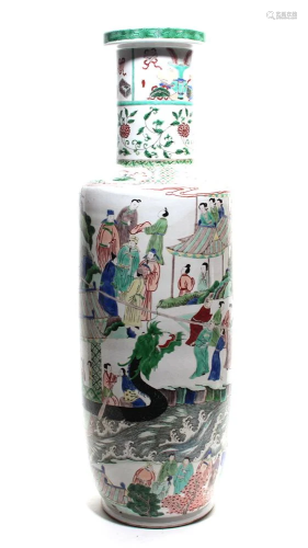 A Large Rare Famille Verte Molded Rouleau Vase