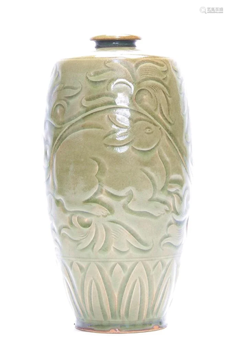 Chinese Carved Yaozhou Celadon Meiping Vase