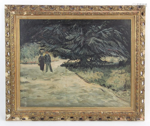 French School, Couple in Landscape, Oil on Board