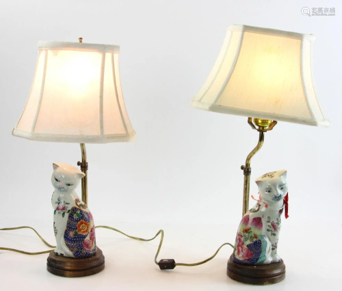Two Pairs of Chinese Porcelain Cat Lamps